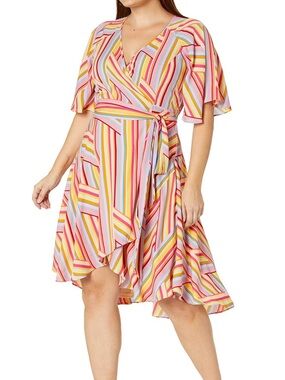 City Chic Pink Multi Stripe High-Low Wrap Dress Size XL (16) short sleeve